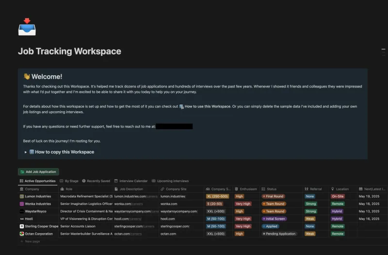 Notion job search workspace dashboard displaying application tracking, interview status, and job listing database