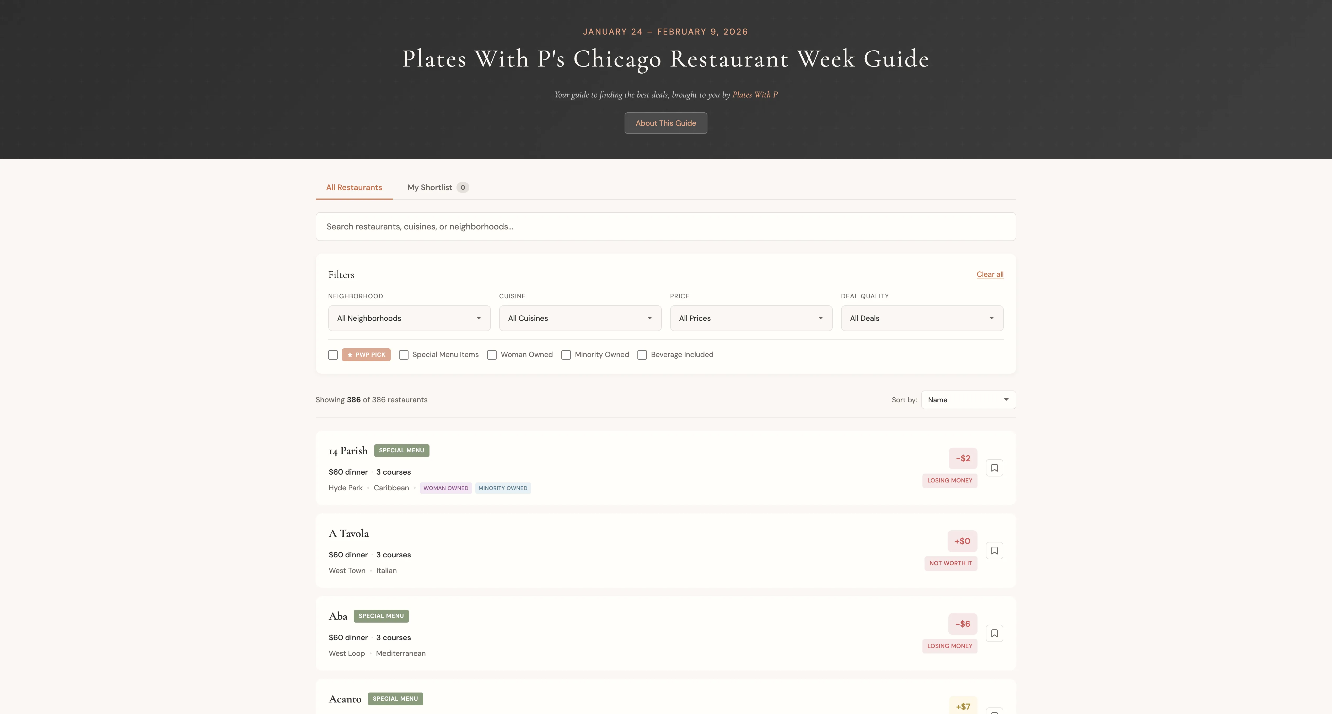 Chicago Restaurant Week 2026 guide showing a curated list of restaurant deals with pricing and menu details