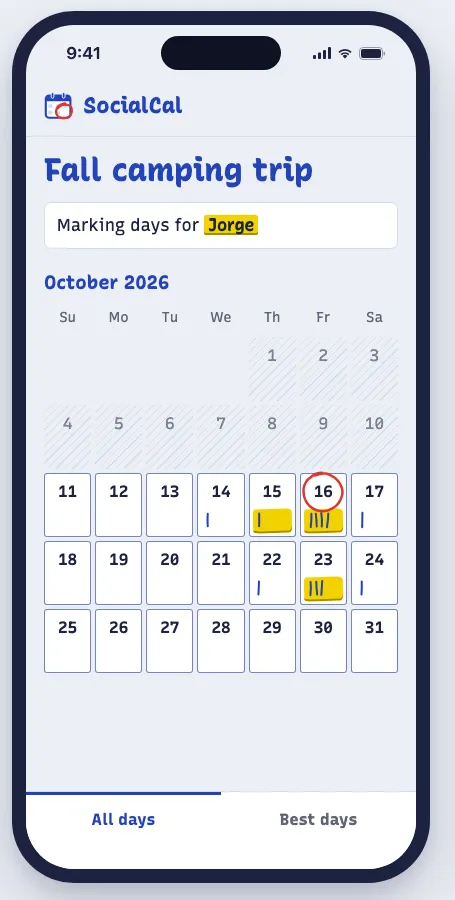 SocialCal calendar for a fall camping trip, with friends' available days marked and Friday, October 16 circled as the best day